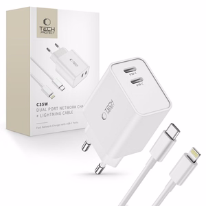 Tech-Protect C35W 2x USB-C PD 35W Wall Laadija koos USB-C / Lightning Kaabel - valge