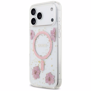 Guess Resin Flowers Glitter MagSafe ümbris jaoks iPhone 17 Pro Max roosa