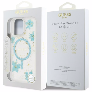 Guess Resin Flowers Glitter MagSafe iPhone 16 Pro Ümbris - Clear Roheline