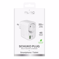 Puro 20W Power Delivery Laadija koos Schuko Plug and Socket 1x USB-C + 1x USB-A - valge