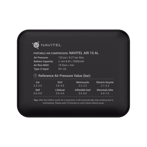 Navitel AIR 15 AL – kaasaskantav õhukompressor, kuni 120 PSI / 8.27 bar