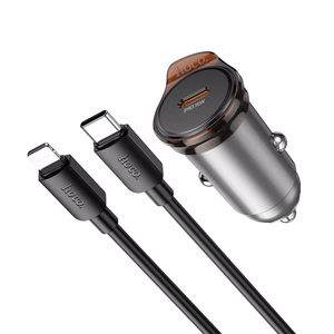 Автомобильное зарядное устройство Hoco USB C QC PD 30W + кабель USB C to Lightning NZ16 металл серое