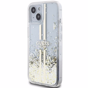 Guess Liquid Glitter kuldne Stripes ümbris jaoks iPhone 15 Plus / 14 Plus - läbipaistev
