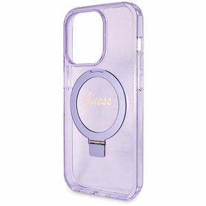 Guess Ring Stand Script Glitter MagSafe ümbris jaoks iPhone 14 Pro - lilla