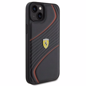 Ferrari Twist Metal Logo ümbris jaoks iPhone 15 Plus - must