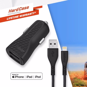 Energizer HardCase DC2CLLIM autolaadija, 2 × USB-A, 17 W / 3,4 A, MFi-sertifikaadiga Lightning-kaabliga, must