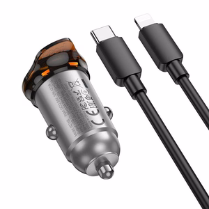 Автомобильное зарядное устройство Hoco 2 x USB C QC PD 45W + кабель USB C to Lightning NZ16B металл серое
