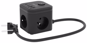 KERG 3-pesa toide cube + fast laadija USB-A+USB-C 1.5m 3×1.5mm2 H05VV-F 16A/250V~ Nutikas must