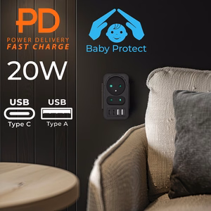 Maclean MCE249 F/B – võrgupesa jaotur, 2 pistikupesa, 4 USB-porti: 2×USB-A ja 2×USB-C PD 20 W, 1×16 A + 1×6 A