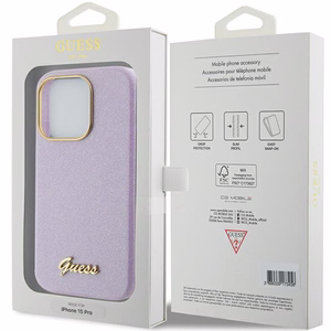 Guess Glitter Glossy Script ümbris jaoks iPhone 15 Pro - lilac