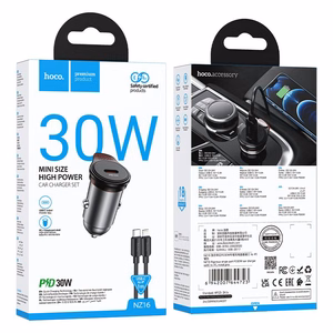 Автомобильное зарядное устройство Hoco USB C QC PD 30W + кабель USB C to Lightning NZ16 металл серое