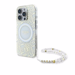 Guess IML Flowers Allover Electro With Pearl Strap MagSafe ümbris jaoks iPhone 16 Pro - valge