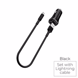 Borofone BZ2 Joyroad autolaadija 2 USB-A pordiga, 12 W, Lightning-kaabliga, must