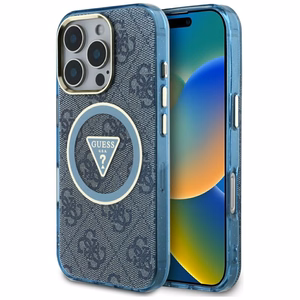 Guess IML Metal Glitter 4G Circle Triangle MagSafe Ümbris jaoks iPhone 16 Pro Max - Sinine
