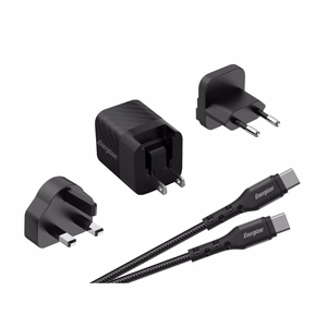 Energizer Ultimate A20MUC GaN reisilaadija EU / UK / US pistikutega, USB-C, 20 W PD, USB-C-kaabliga, must