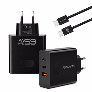 Blavec сетевое зарядное устройство BC-11 GaN - USB + 2xType C - QC PD 65W 3A с кабелем Type C на Type C (TCBC11G-U2CB653A) черное