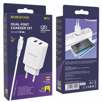 Borofone Wall laadija BN2 Super - 2xUSB - 2,1A with USB to Type C valge