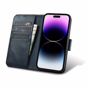 iCarer Oil Wax rahakott ümbris 2in1 Cover iPhone 14 Pro Max nahast Flip Cover Anti-RFID sinine (WMI14220724-BU)