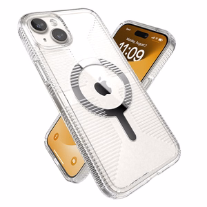 Speck GemShell Grip MagSafe ümbris seadmele iPhone 15 Plus / 14 Plus, läbipaistev kroomivärvi detailidega