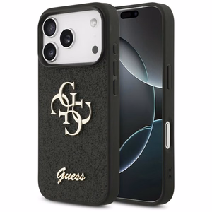 Guess PU Fixed Glitter 4G Metal Logo ümbris Apple iPhone 18 Pro telefonile, must