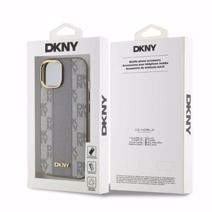DKNY Leather Checkered Mono Pattern MagSafe iPhone 14 Ümbris - Beige