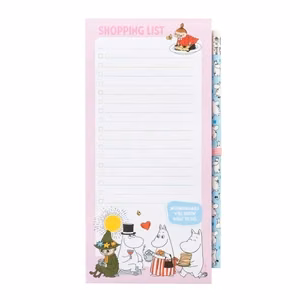 Moomins magnetiline külmkapile kinnitatav ostunimekirjaplokk pliiatsiga, 10 × 21 cm