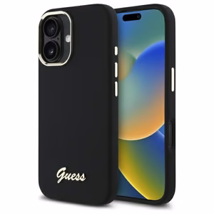 Guess Silicone Script Metal Logo & Frame Ümbris jaoks iPhone 16 Plus - must