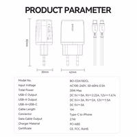 BWOO seina laadija CDA182 QC 38W 1x USB-A + 1x USB-C koos USB-C C-Lightning kaabliga 1 m must