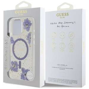 Guess Resin Flowers MagSafe ümbris jaoks iPhone 16 Pro - lilla