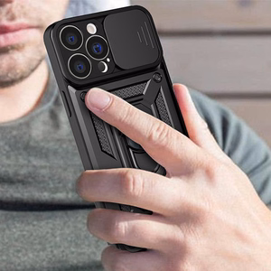 Hybrid Armor Camshield ümbris iPhone 13 Pro jaoks soomustatud ümbris koos kaamerakattega musta värvi