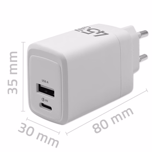 Qoltec 51825 GaN 45W laadija, 5-20V, 1.5-3A, 1 x USB-C PD, 1x USB QC 3.0, valge