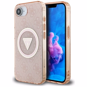 Оригинальный чехол GUESS IML Metal Glitter 4G Circle Triangle MagSafe для iPhone 17e/16e розовый