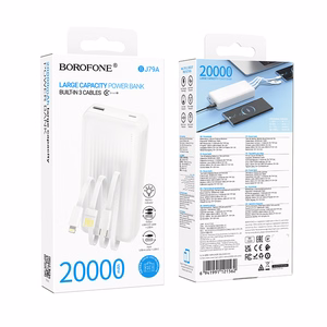 Borofone BJ79A Clever akupank 20000mAh USB koos Type-C ja Lightning kaablitega valge