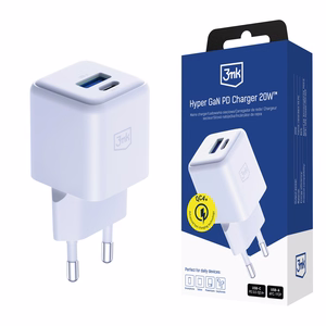 Valge 3mk Hyper GaN võrgulaadija, 20 W, QC4+/PD/PPS, USB 1A1C, EL
