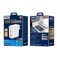 JELLICO seinalaadija C118 GaN PD 100W 2xUSB-C + 1xUSB QC3.0 + kaabel USB-C - USB-C Valge