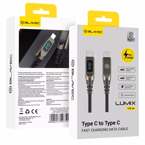 Blavec Kaabel Lumix punutud - Typ C na Typ C - PD 240W 5A LED display 1,2 metra Apple CarPlay/Android Auto (CLU-CC5BG12) must-hall