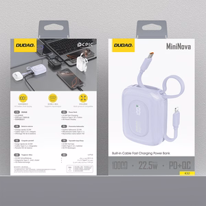 Dudao K32 22.5W 10000 mAh Powerbank with Built-in USB-C/ Lightning Kaabel - Purple