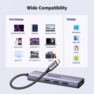 Ugreen CM511 15597 5in1 jaotur USB-C - USB-C PD / HDMI / 3x USB-A 3.0 - hall