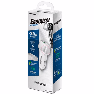 Energizer Ultimate D38WS autolaadija, USB-C + USB-A, 38 W PD + QC 3,0, valge ja hõbedane