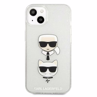 Karl Lagerfeld Glitter Karl's & Choupette Head ümbris iPhone 13 mini jaoks - hõbedane