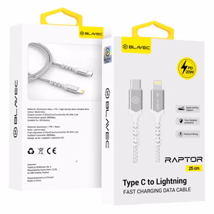 Blavec Kaabel Raptor braided - Type C to Lightning - PD 20W 2,4A 0,25 metres Apple CarPlay (CRA-CL24WS025) valge-hõbedane