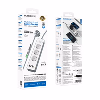 Borofone Power strip BAC9 - 3 pistikupesa 240V + 3xUSB + tüüp C - PD 20W 2 meetrit mustana