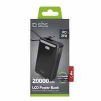 Powerbank SBS 20000 mAh 20W sisseehitatud USB-C kaabli ja digitaalse ekraaniga - must