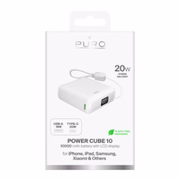 Puro 10000mAh 20W USB-C USB-A Akupank with Display and Built-in USB-C Kaabel - valge