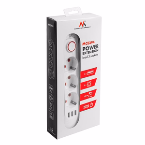 Maclean power strip, 3 socket extension + 3xUSB, 110-240V AC 50/60Hz, 2.1A max 2500W, 1.5m, white, MCE394 W