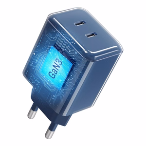 Telefonilaadija Forcell F-Energy GaN III Crystal Color, 2x USB C, AVS, SSFC3.0, 60W + silikoonkaabel USB C–USB C VT-60, tumesinine