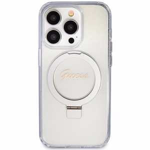 GUESS ümbris jaoks IPHONE 15 Pro compatible with MagSafe GUHMP15LHRSGSD (Glitter Script Logo Ring stand) läbipaistev