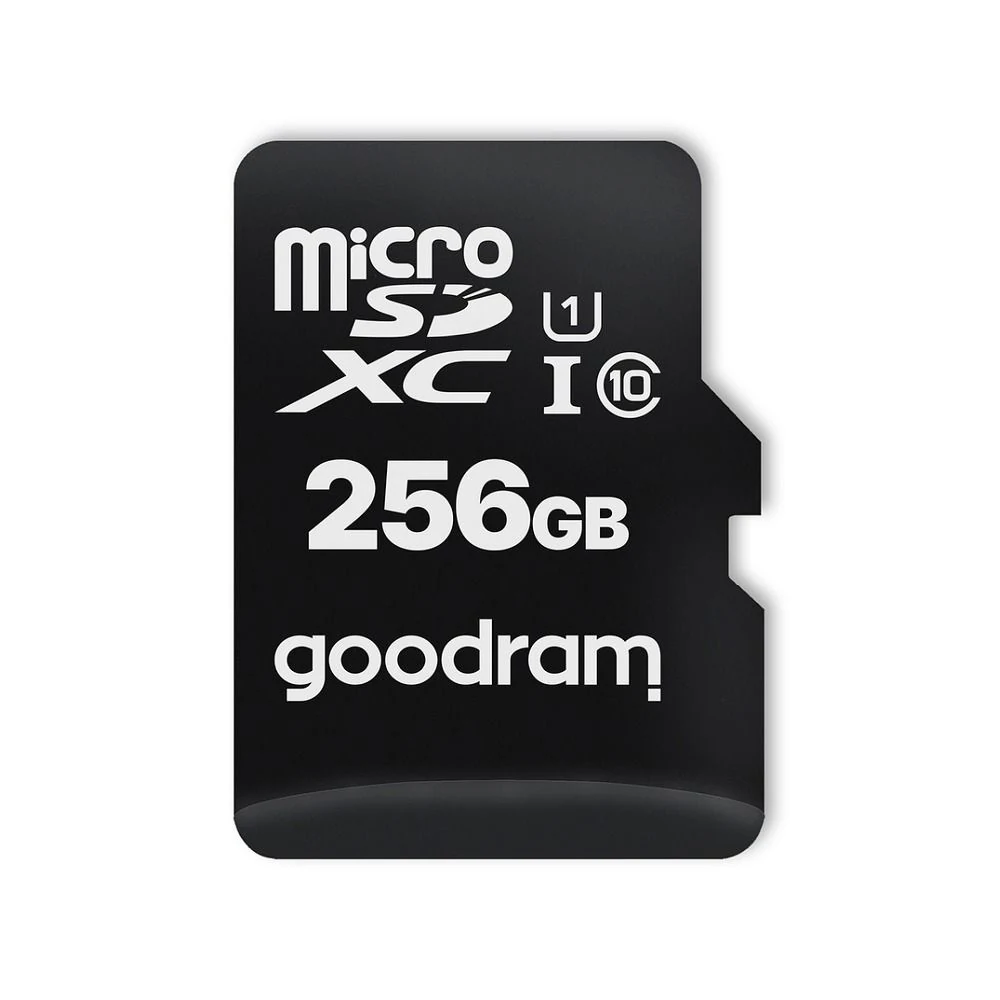 Musta GOODRAMi 256 GB microSD-mälukaardi lähivaade