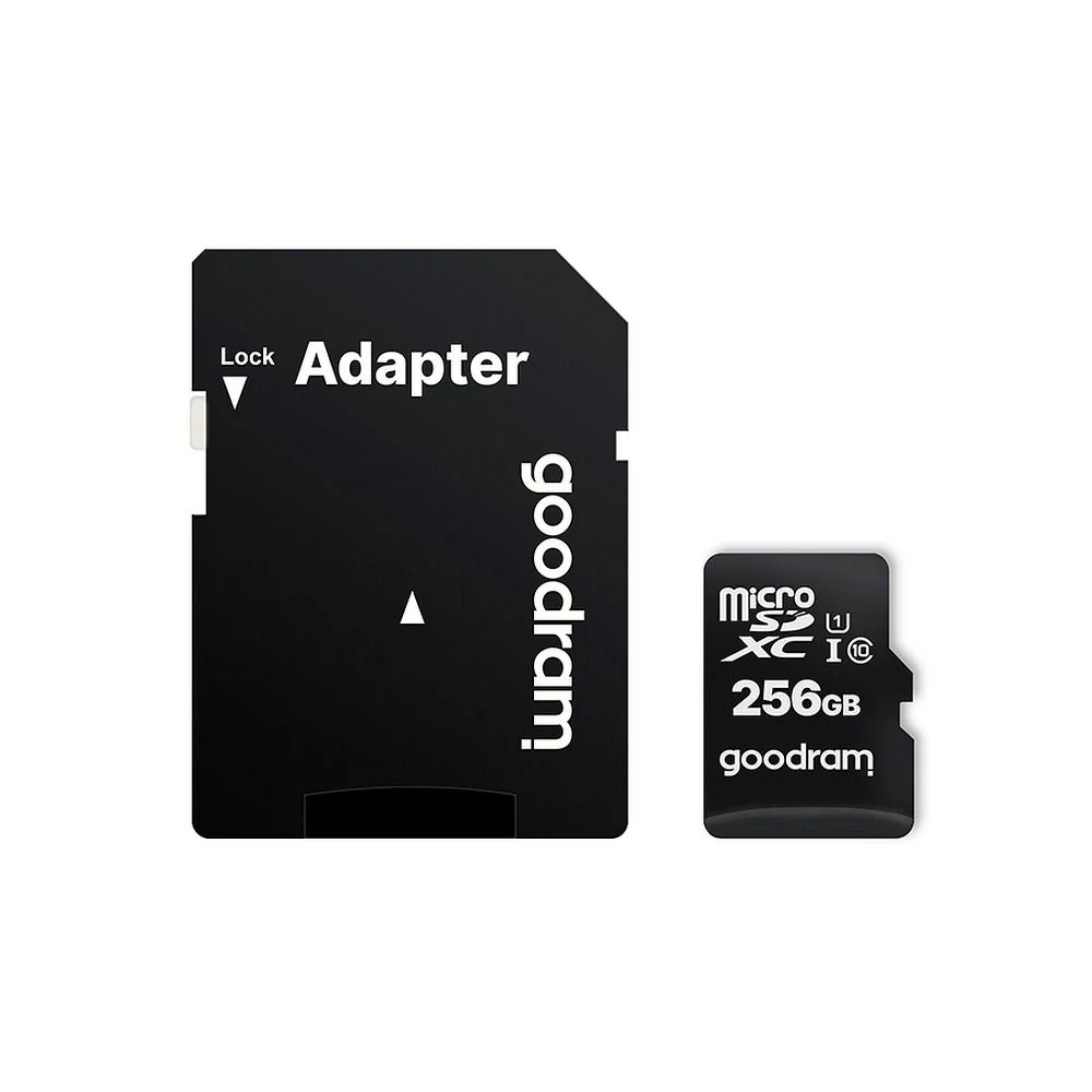 GOODRAMi SD-adapter ja selle kõrval olev 256 GB microSD-mälukaart