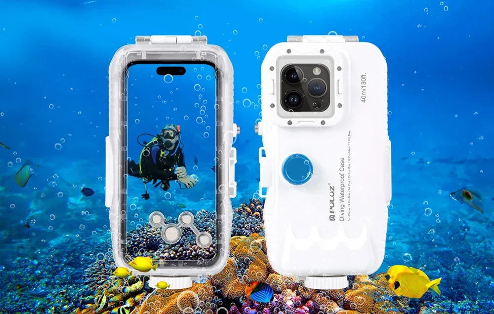 Valge PULUZ veekindel ümbris iPhone telefonidele